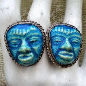 Vintage Sterling Silver Blue Green Ceramic Tribal Face Mask Screw Back Earrings